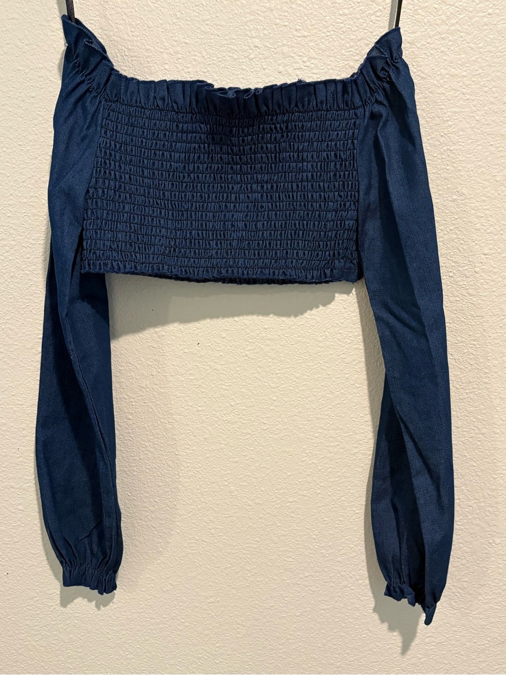 Smocked Off-Shoulder Long Sleeve Crop Top - Navy Denim